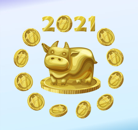 Golden calf on the coin vector illustration, symbol 2021 ox made of gold icon and money isolatedのイラスト素材