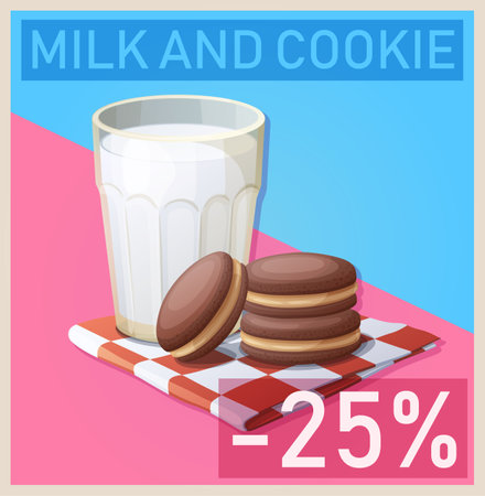 Cartoon illustration with glass of milk and chocolate cookie. Vector peanut butter shortbread sandwiches illustration for breakfastのイラスト素材
