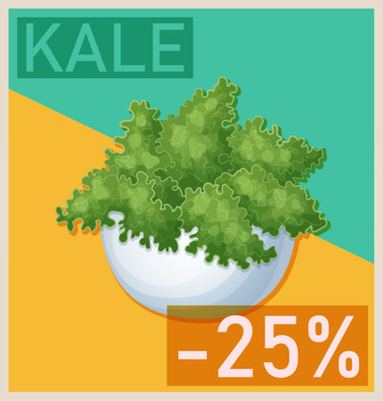 Fresh kale in bowl illustration. Cartoon vector design graphic for supermarket promoのイラスト素材