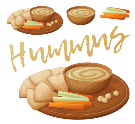 Homemade organic hummus with pita chips, carrots and celery vector icon. Middle eastern cuisine cartoon illustration isolated on white backgroundのイラスト素材