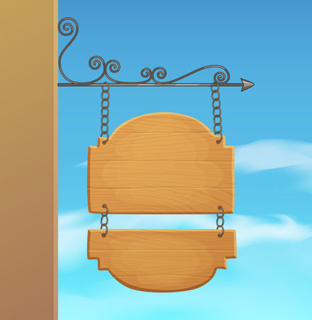 Wooden signage mounted to the wall vector illustration, cartoon style image of light wood sign on metallic bracketsのイラスト素材