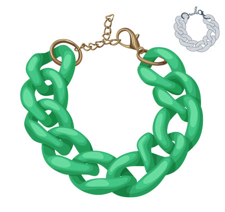 Plastic chain necklace vector illustration isolated on white background. Round shape metal jewelry piece, green chunky chain fashionable accessoryのイラスト素材