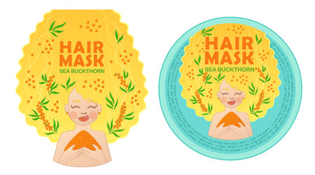 Sea buckthorn ingredient for hair mask packaging design. Vector illustration of cute blonde young woman enjoying sweet berries and taking care about her long healthy hair.のイラスト素材