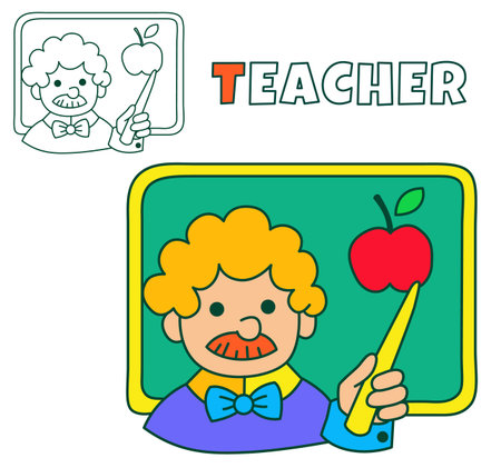 Teacher coloring page cartoon illustration. School teacher simple clip art vector design for kids isolated on white backroundのイラスト素材