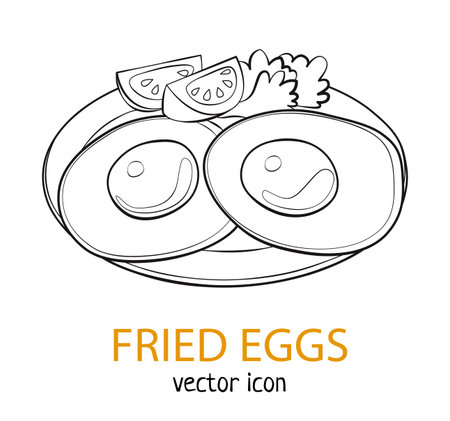 Fried eggs for breakfast line art vector icon isolated on white background, food sketch illustration, fresh morning meal graphic designのイラスト素材