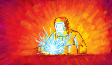 Welding process vector illustration. Industrial construction with a worker manufacturing metal, hand drawn illustration with bright red and blue colorsのイラスト素材