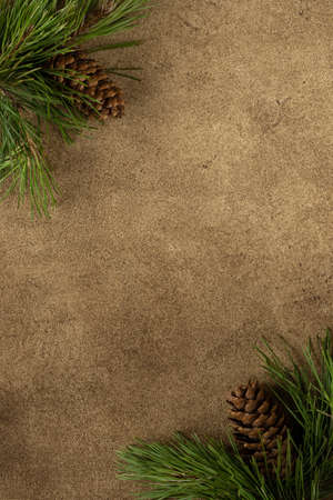 Christmas composition with pine branches and cones. Winter frame with forest trees on the brown background. copy spaceの写真素材