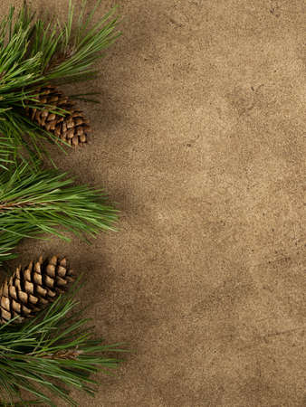 Christmas composition with pine branches and cones. Winter frame with forest trees on the brown background. copy spaceの写真素材