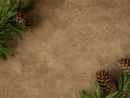 Christmas composition with pine branches and cones. Winter frame with forest trees on the brown background. copy spaceの写真素材