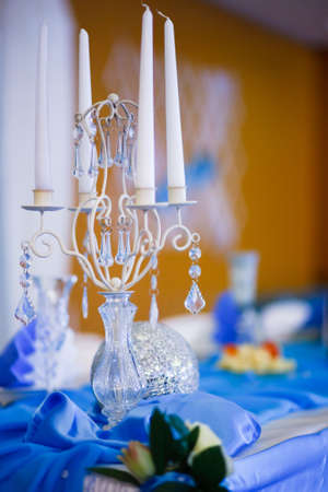 Wedding table set with glasses and small wrapped presentの写真素材