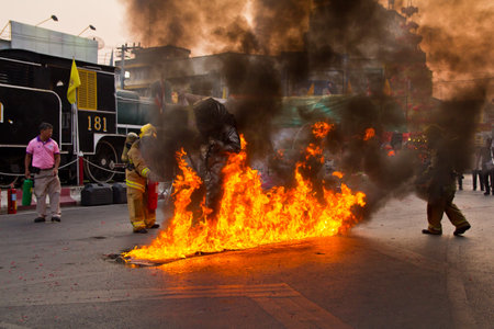 Firefighters extinguishing drills on 9 February 2556 and every year.のeditorial素材