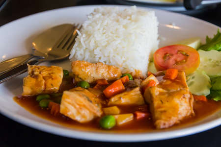 Fried rice, sweet and sour fish の写真素材