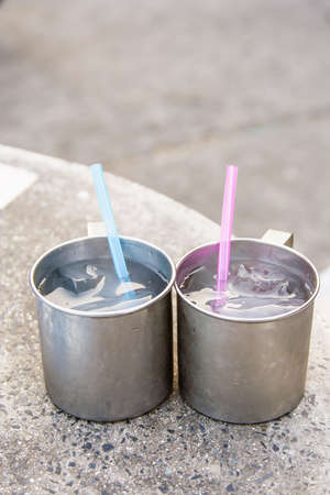 ice water in steel mugs