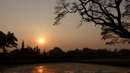Silhouettes Pagoda Forest. Sukhothai-Thailand.の写真素材