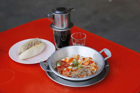 Pan fried egg with minced pork, Vietnamese food.の写真素材