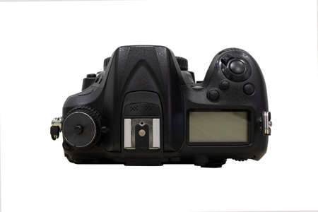 Camera on top camera on table wood white background.