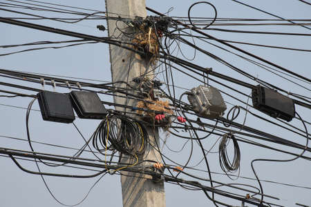 Bird's nest and wires.Tangle of cables, electrical power supply.