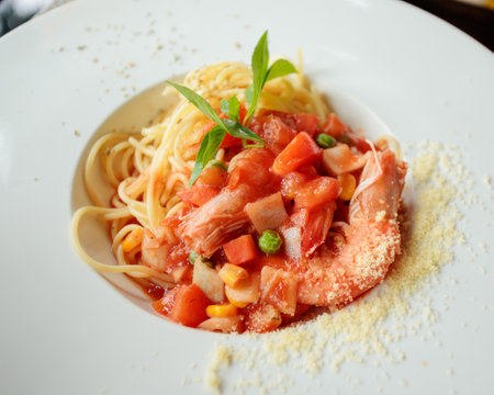 Shrimp Spaghetti with Tomatoes, Peas and Carrotsの写真素材