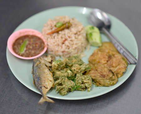 Rice with Chili Paste, Mackerel and Fried Vegetablesの写真素材