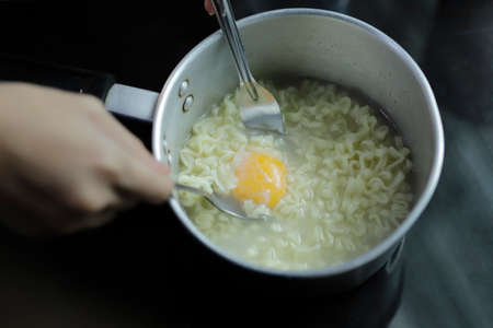 Boiled noodles with eggs, home styleの写真素材
