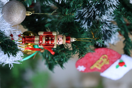 Christmas decoration on the tree. Selective focus. Holiday concept.の写真素材
