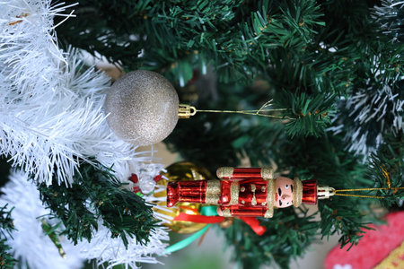 Christmas decoration on the tree, closeup of photo with shallow depth of fieldの写真素材