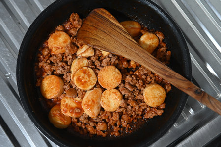 Tofu with stir-fried minced pork in tomato sauce.の写真素材