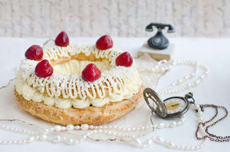 Paris-Brest Cake with Strawberriesの写真素材
