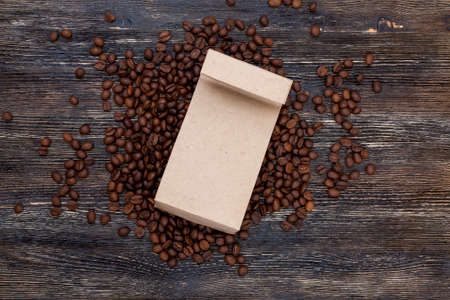 Coffee beans and craft paper bag mockupの写真素材