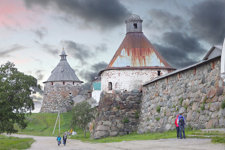 Solovetsky Islands, RUSSIA - CIRCA JULY 2014  Solovetsky Monastery  Solovki fortress wall with towersのeditorial素材