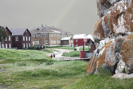 Solovetsky Islands, RUSSIA - CIRCA JULY 2014  Fragment of the Solovki fortress wall and wooden housesのeditorial素材