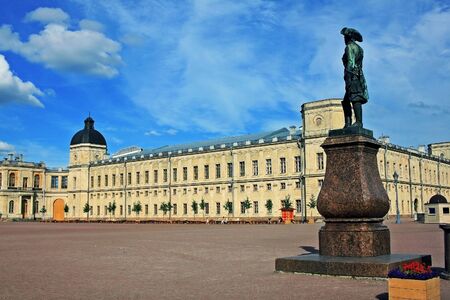 Gatchina, Russia - 11 July 2016: Great Gatchina Palace and monument to Russian imperor Paul I. Palace was built in 1766-1781. Statue was installed in 1851.のeditorial素材