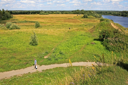 Staraya Ladoga, Russia - July 17, 2016: Valley of the Volkhov river and old burial mounds, view from the hill of Oleg graveのeditorial素材