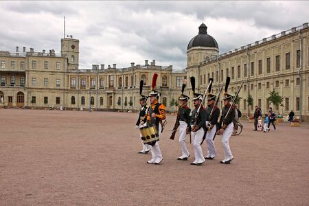 Gatchina, Russia - 9 July 2016: Reconstruction of the Gatchina divorce guard the Lifeguards Jaeger Regiment near Great Gatchina Palace.  Lifeguard Jaeger Regiment was a Jaeger regiment of the Russian Imperial Guard from 1796 to 1917のeditorial素材