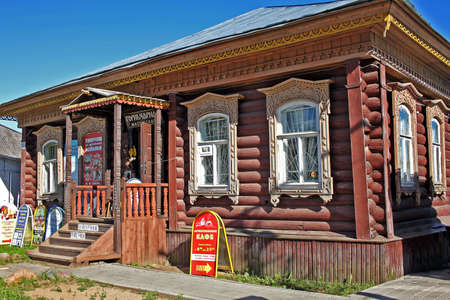 Myshkin, Russia - 19 July 2017: Architecture of small historic town in Russian province. Old traditional historic wooden houseのeditorial素材