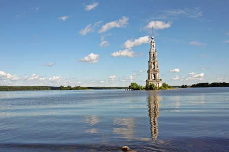 Kalyazin, Russia - 20 July 2017: Flooded Belfry is a part of the flooded church and the most eye-catching landmark of Kalyazin. Golden Ring of Russiaのeditorial素材