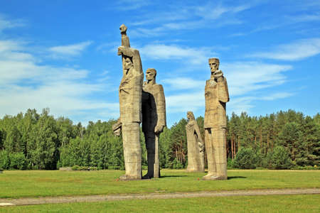 Salaspils, Latvia â 15 June 2019: Salaspils memorial ensemble â a memorial complex in memory of the victims of fascism. It is located on the site of the former Nazi concentration camp. Sculptural composition  Solidarity, Oath, Rot Front and sculpture のeditorial素材