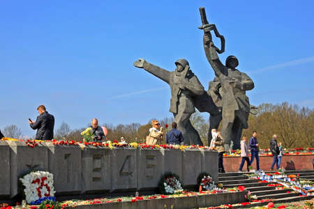Riga, Latvia â 9 May 2020: Victory Day (9 May) celebration. Victory Day is a holiday that commemorates the surrender of Nazi Germany in 1945. The Soviet government announced the victory early on 9 May after the signing ceremony in Berlinのeditorial素材