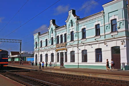 Barysaw, Belarus - 17 August 2018: Railway station. View of the station from the railway tracks. The station building was built in 1914.のeditorial素材