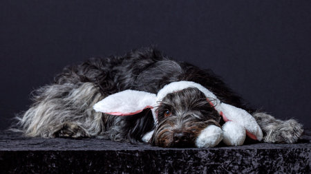 Schapendoes (Dutch Sheepdog) with bunny ears on the head for Happy Easter holidayの写真素材