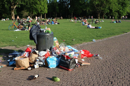Rubbish next to rubbish bin in park with recreationists on lawnのeditorial素材