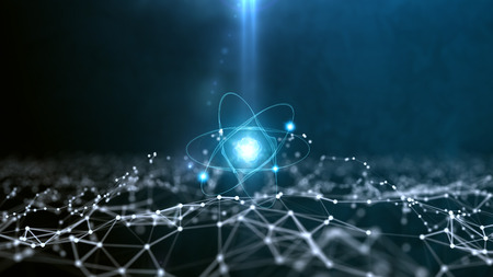 Abstract polygonal space background with connecting dots and lines. Abstract atom from particles. 3...