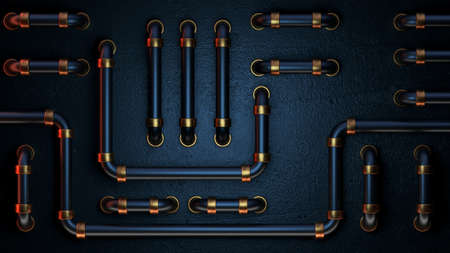 Abstract blue metallic background. 3d render of a metal panel with tubes. Wallpaper image for PC or...
