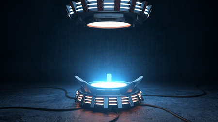 Product pedestal techno mockup design. Empty glowing podium, 3D illustration stage with spotlights...