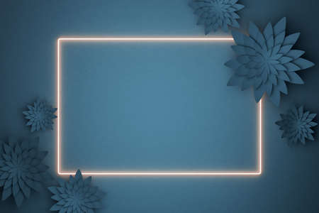 Beautiful flower arrangement in a neon frame. Flowers on a dark blue background. Empty photo frame...