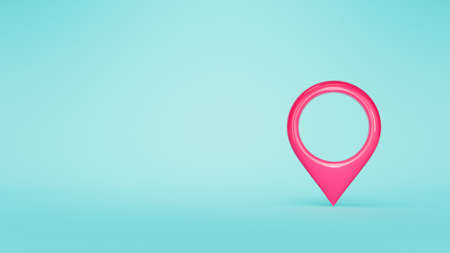 3 d red location symbol. Map pointer icon on a blue background. 3 d illustration.の写真素材