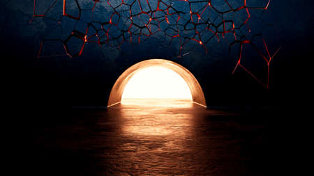 Abstract dark blue background. Magic door in the wall. A bright light shining from the opening....