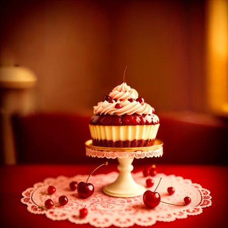 Cherry cupcake on a red table. AI generated.の素材