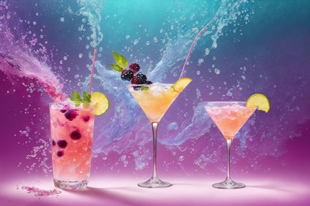 Colorful cocktails with lemon, bubbles and splashes. club party. AI generated.の素材