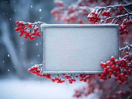 Winter background with snow covered red rowan berries in the snow. AI generated.の素材